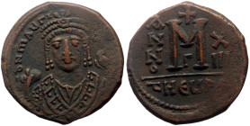 Maurice Tiberius (582-602) AE Follis (Bronze, 28mm, 11.72g) DN MaYP-[AYT], emperor wearing consular robes, mappa and eagle-tipped scepter / large M, c...
