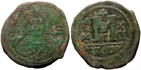 Maurice Tiberius (582-602) AE Follis (Bronze, 30mm, 11.23g) Theoupolis (Antioch) Dated RY 12 (593/4). 
Obv: Crowned facing bust, wearing consular robe...
