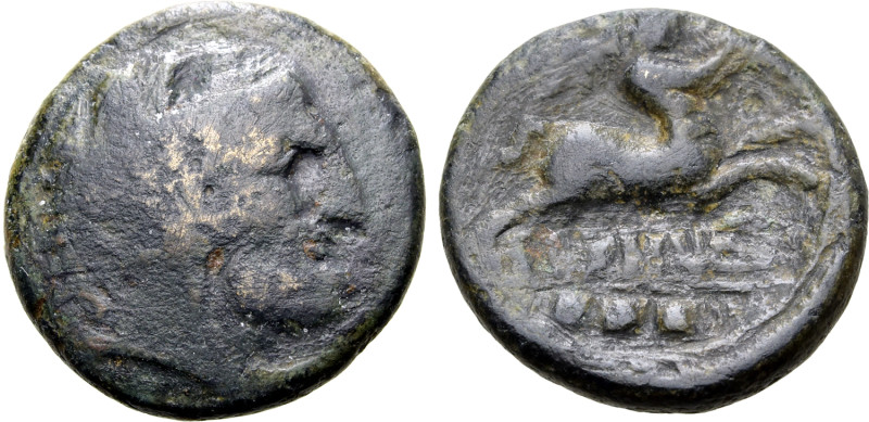 Eastern Italy, Larinum, c. 210-175 BC. Æ Teruncius (18mm, 5.86g, 7h). Bearded he...