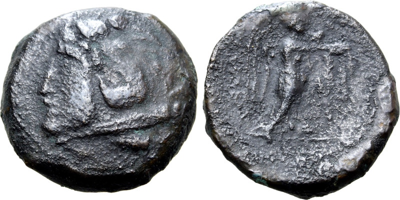 Northern Apulia, Ausculum, c. 240 BC. Æ (17mm, 5.19g, 11h). Head of Herakles l.,...