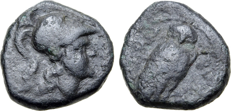 Southern Apulia, Rubi(?), c. 300-225 BC. Æ (13mm, 2.20g, 7h). Head of Athena r.,...