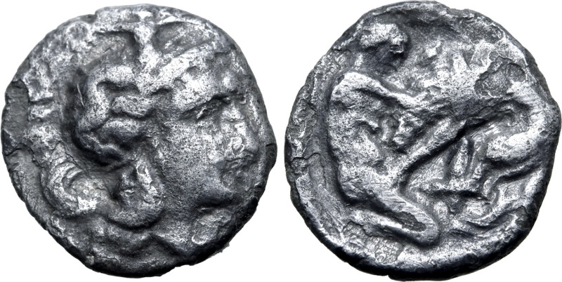 Southern Apulia, Tarentum, c. 380-325 BC. AR Diobol (12mm, 1.26g, 5h). Head of A...