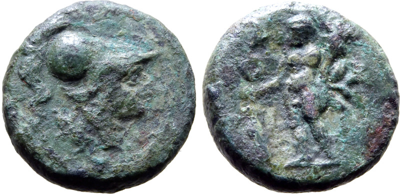 Southern Apulia, Uxentum, c. 150-125 BC. Æ (13mm, 2.25g, 12h). Head of Athena r....