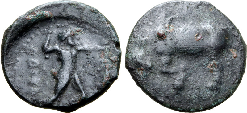 Northern Lucania, Poseidonia, c. 420-390 BC. Æ (16mm, 2.52g, 6h). Zeus standing ...