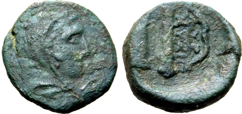 Southern Lucania, Herakleia, c. 280-150 BC. Æ (11mm, 1.50g, 8h). Head of Herakle...