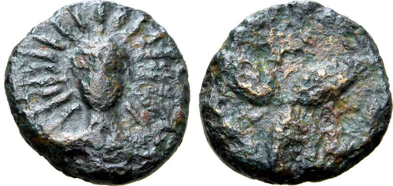 Southern Lucania, Metapontion, c. 300-250 BC. Æ (13mm, 1.89g, 11h). Radiate bust...