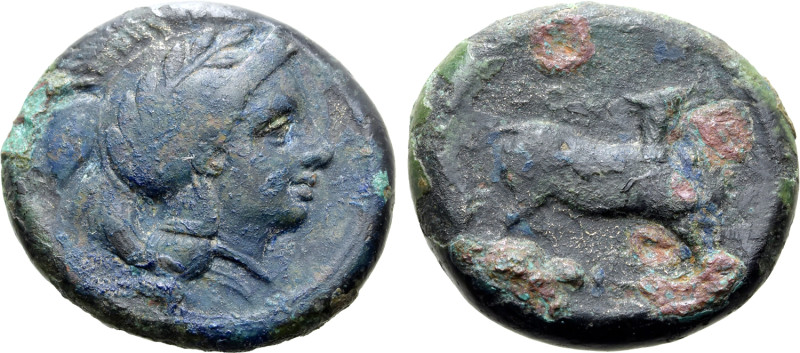 Southern Lucania, Thourioi, c. 440-435 BC. Æ (18mm, 5.88g, 6h). Head of Athena r...