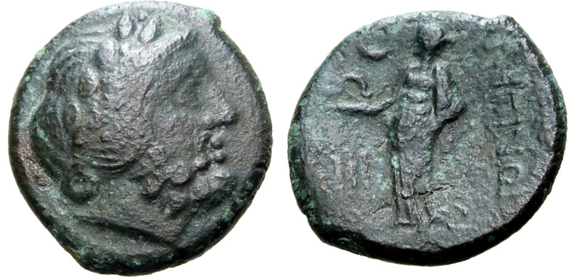 Bruttium, Rhegion, 211-200 BC. Æ Tetras (14mm, 2.62g, 10h). Laureate head of Ask...