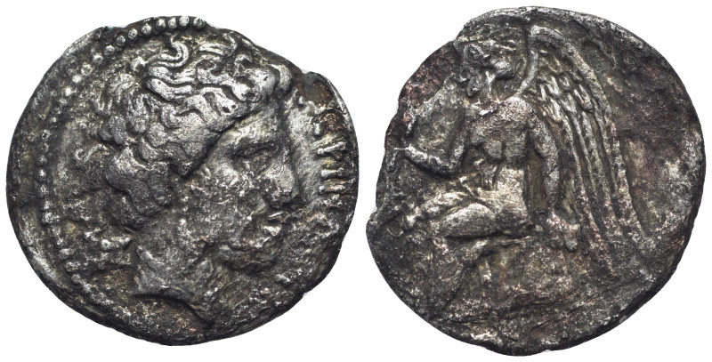 Bruttium, Terina, c. 300 BC. AR Drachm (16mm, 1.75g). Head of nymph r.; triskele...