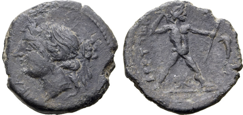 Bruttium, The Brettii, c. 216-214 BC. Æ (17mm, 3.02g, 8h). Head of Nike l.; NIKA...