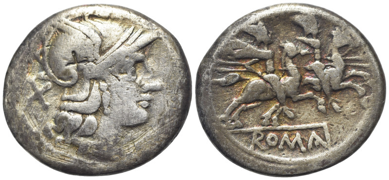 Anonymous, Rome, after 211 BC. AR Denarius (19mm, 3.78g). Head of Roma r., weari...