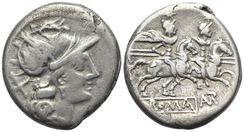 L. Autronius, Rome, 189-180 BC. AR Denarius (19mm, 4.10g). Helmeted head of Roma...