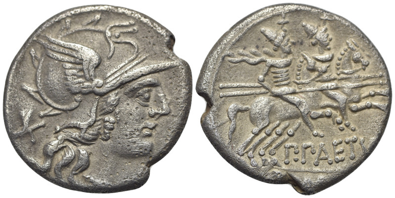 P. Aelius Paetus, Rome, 138 BC. AR Denarius (19mm, 3.69g). Helmeted head of Roma...