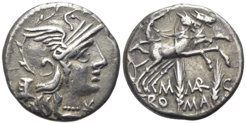 M. Marcius Mn.f., Rome, 134 BC. AR Denarius (18mm, 3.76g). Helmeted head of Roma...