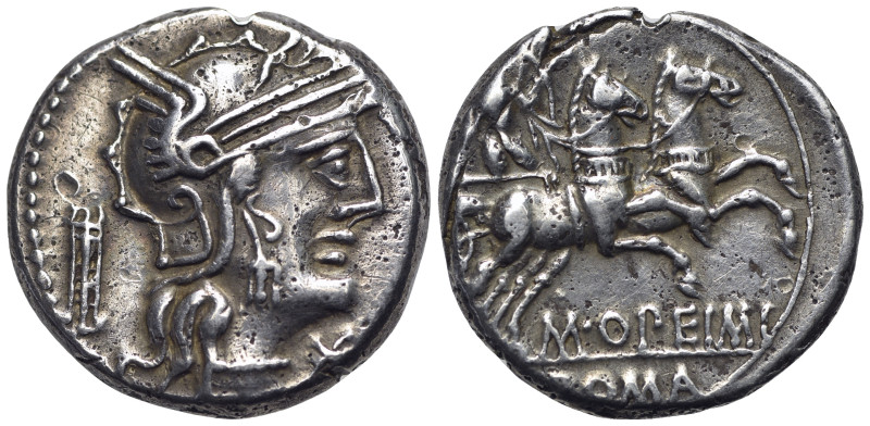 L. Opimius, Rome, 131 BC. AR Denarius (17mm, 3.89g). Helmeted head of Roma r.; t...