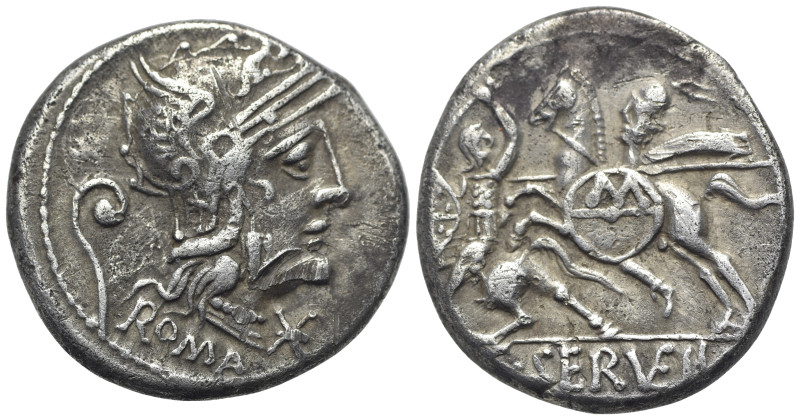 C. Servilius Vatia, Rome, 127 BC. AR Denarius (18mm, 3.84g). Helmeted head of Ro...