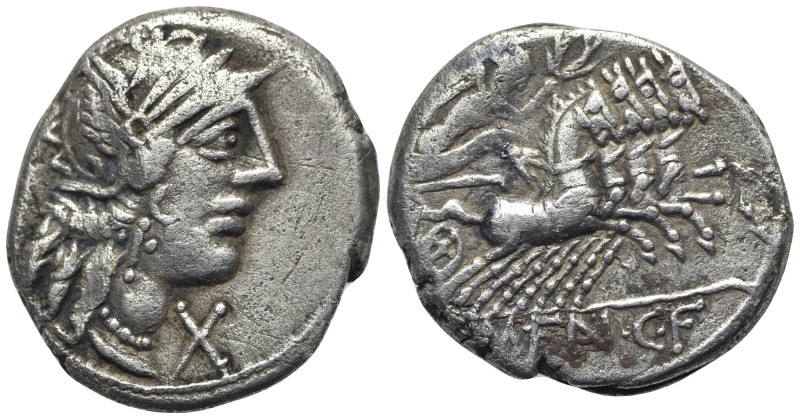 M. Fannius C.f. Rome, 123 BC, AR Denarius (17mm, 3.76g). Helmeted head of Roma r...