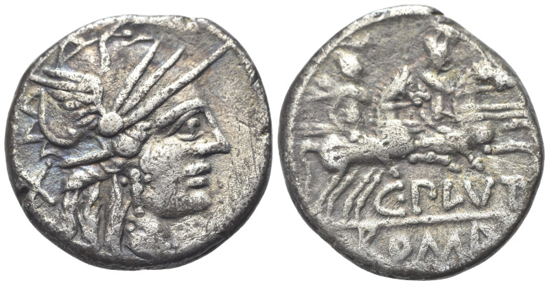 C. Plutius, Rome, 121 BC. AR Denarius (18mm, 3.76g). Helmeted head of Roma r. R/...