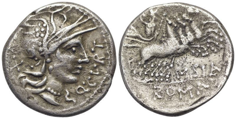 Q. Curtius and M. Sergius Silus, Rome, 116-115 BC. AR Denarius (19mm, 3.70g). He...