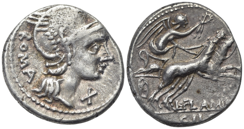 L. Flaminius Chilo, Rome, 109-108 BC. AR Denarius (19mm, 3.87g). Helmeted head o...