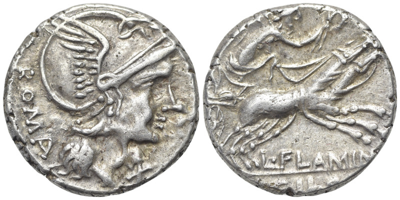 L. Flaminius Chilo, Rome, 109-108 BC. AR Denarius (18mm, 3.98g). Helmeted head o...