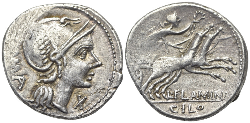 L. Flaminius Chilo, Rome, 109-108 BC. AR Denarius (20.5mm, 3.91g). Helmeted head...