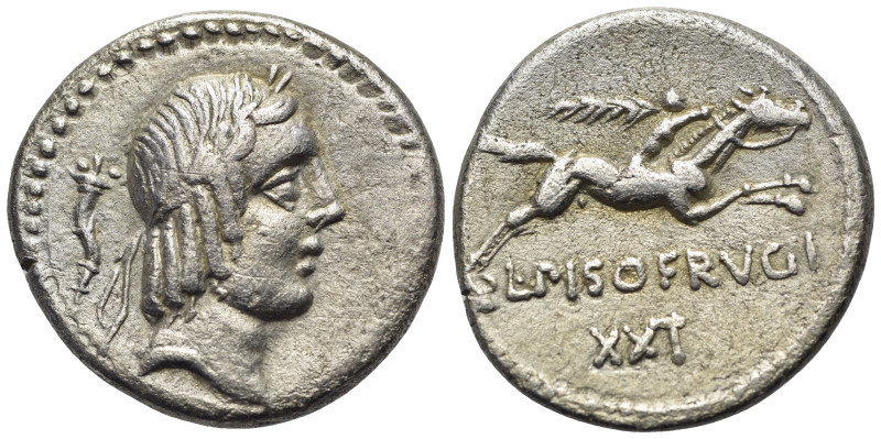 L. Calpurnius Piso Frugi, Rome, 90 BC. AR Denarius (18mm, 3.55g). Laureate head ...