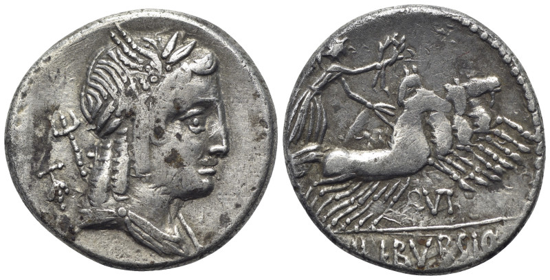 L. Julius Bursio, Rome, 85 BC. AR Denarius (18mm, 3.05g). Laureate and winged bu...