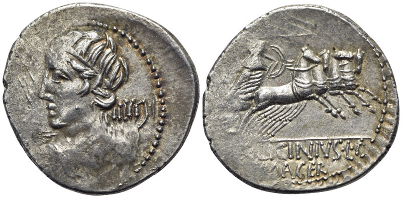 C. Licinius L.f. Macer, Rome, 84 BC. AR Denarius (22mm, 4.07g). Diademed bust of...