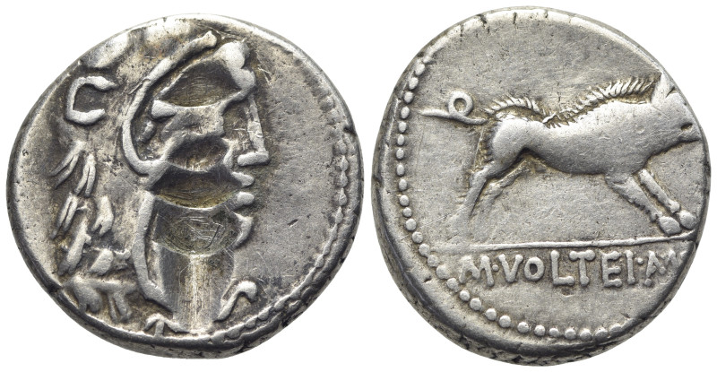 M. Volteius M.f., Rome, 75 BC. AR Denarius (17mm, 3.86g). Head of young Hercules...