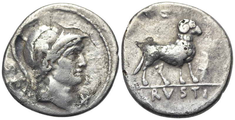 L. Rustius, Rome, 74 BC. Plated Denarius (19mm, 2.68g). Helmeted head of Mars r....