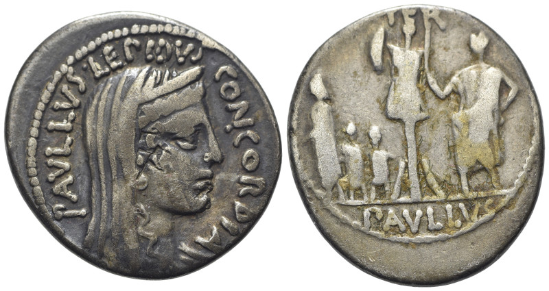 L. Aemilius Lepidus Paullus, Rome, 62 BC. AR Denarius (20mm, 3.72g). Veiled and ...