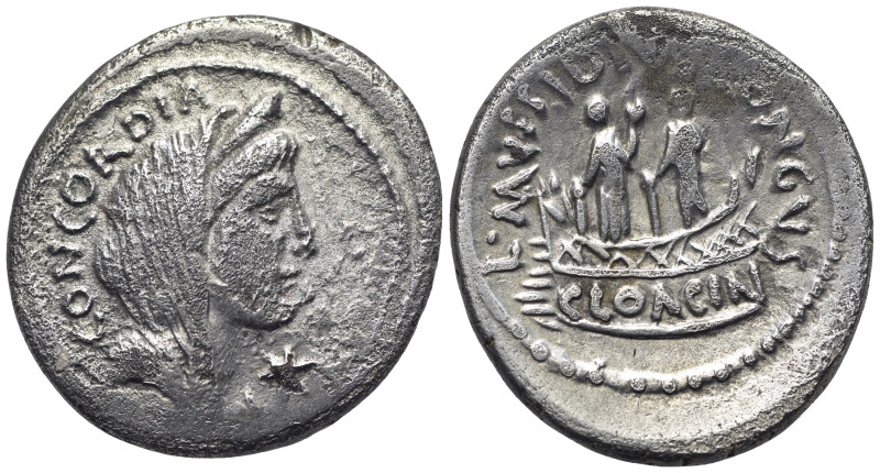 L. Mussidius Longus, Rome, 42 BC. AR Denarius (19mm, 3.50g). Diademed and veiled...