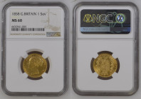 GRAN BRETAGNA Vittoria (1837-1901) Sovrana 1858 stemma Au Gr.7,98. Spink 3852D; Marsh 41. NGC MS60 (n.6632941-005), censite solo 4 monete in grado sup...