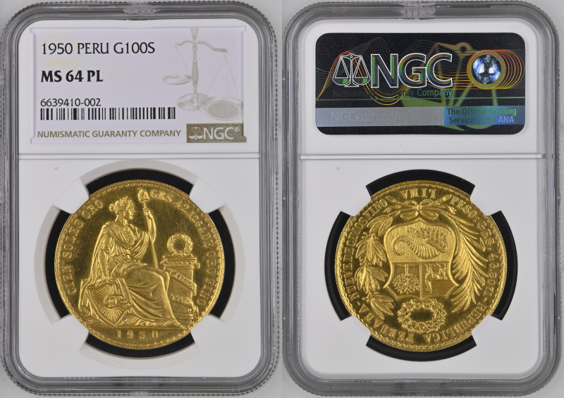 PERU’ 100 Soles 1950 zecca Lima Au Gr.46,89. KM#231; FR 78. NGC MS64 PL (n.66394...