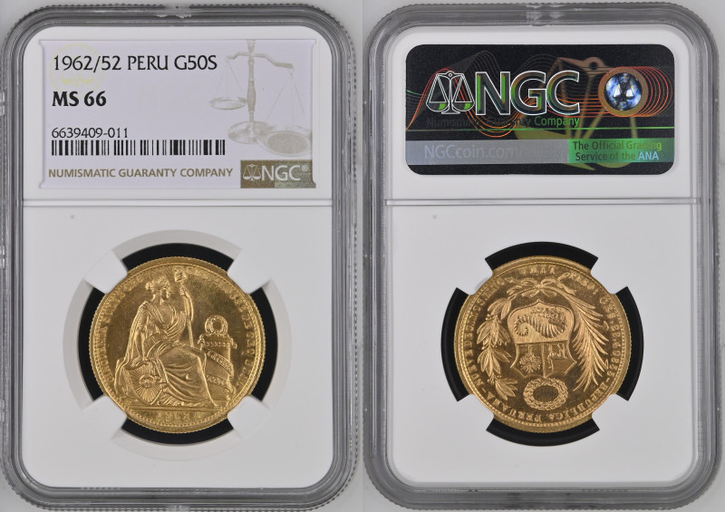 PERU’ 50 Soles 1962/52 zecca Lima Au Gr.23,40. KM#230; FR 79. NGC MS66 (n.663940...