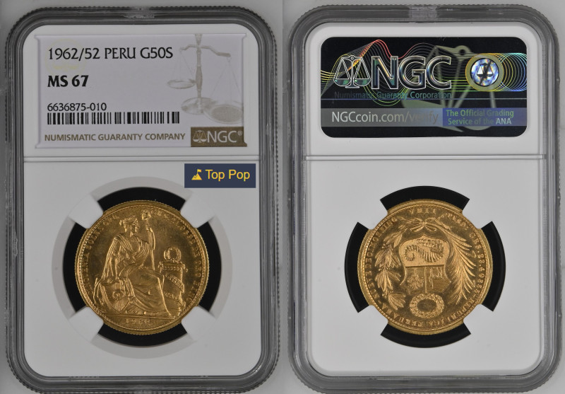 PERU’ 50 Soles 1962/52 zecca Lima Au Gr.23,40. KM#230; FR 79. NGC MS67 (n.663687...