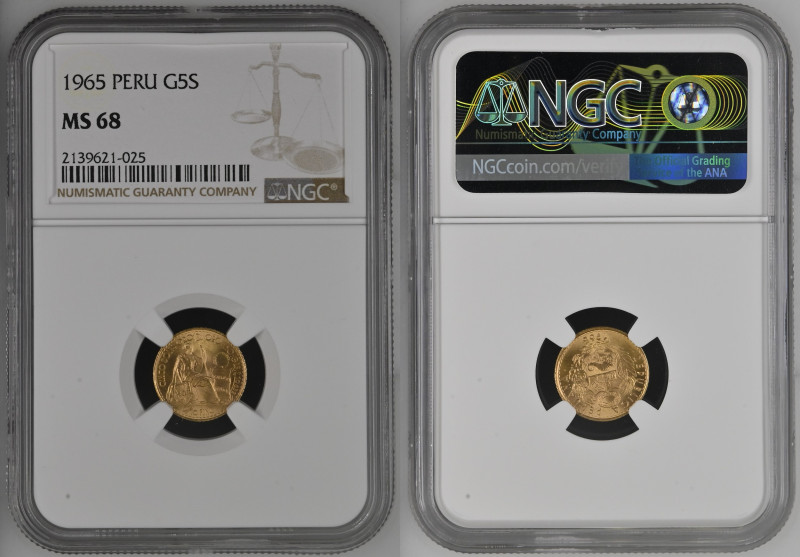 PERU’ 5 Soles 1965 zecca Lima Au Gr.2,34. KM#235; FR 82. NGC MS68 (n.2139621-025...