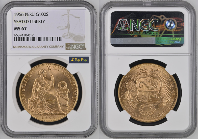 PERU’ 100 Soles 1966 zecca Lima Au Gr.46,89. KM#231; FR 78. NGC MS67 (n.6639410-...