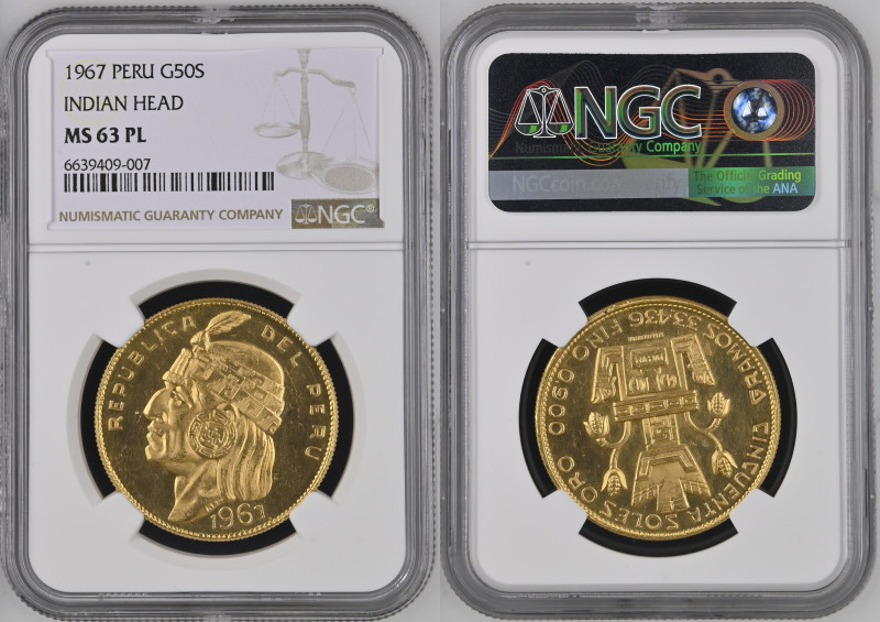 PERU’ 50 Soles 1967 Indian Head zecca Lima Au Gr.33,44. KM#219; FR 77. NGC MS63 ...