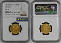 REGNO DI SARDEGNA Vittorio Emanuele II (1849-1861) 20 Lire 1852 Aquila. Zecca Genova. Au Gr.6,45. GIG 6; NOM 746. NGC AU58 (n.6635991-004). Top Grade.