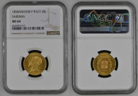 REGNO DI SARDEGNA Vittorio Emanuele II (1849-1861) 20 Lire 1858 Ancora. Zecca Genova. Au Gr.6,45. GIG 15; NOM 756. NGC MS64 (n.6634947-017), censita s...