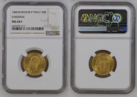 REGNO DI SARDEGNA Vittorio Emanuele II (1849-1861) 20 Lire 1860 Ancora. Zecca Genova Au Gr.6,45. GIG 19; NOM 760. NGC MS64+ (n.6633492-017), censite s...