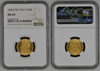 REGNO D’ITALIA Vittorio Emanuele II (1861-1878) 20 Lire 1865 zecca Torino Au Gr.6,45. PAGANI 459; NOM 852. NGC MS64 (n.6634948-015), censite solo 4 mo...
