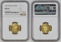 REGNO D’ITALIA Vittorio Emanuele II (1861-1878) 20 Lire 1871 zecca Roma Au Gr.6,45. GIG 16; NOM 859. NGC MS64 (n.2127879-021). Rara.