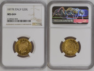REGNO D’ITALIA Vittorio Emanuele II (1861-1878) 20 Lire 1877 zecca Roma Au Gr.6,45. GIG 24; NOM 867. NGC MS64+ (n.2120562-024), censite solo 2 monete ...