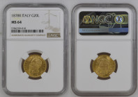 REGNO D’ITALIA Vittorio Emanuele II (1861-1878) 20 Lire 1878 zecca Roma Au Gr.6,45. GIG 25; NOM 868. NGC MS64 (n.5786299-010).