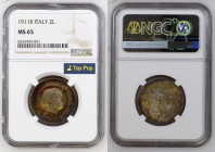 REGNO D’ITALIA Vittorio Emanuele III (1900-1943) 2 Lire 1911 Quadriga. Zecca Roma Ag Gr.10. GIG 98; NOM 1160. NGC MS65 (n.6633493-001). Top Grade.