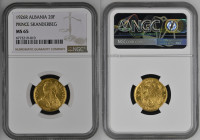 ALBANIA Ahmet Zogu (1925-1939) 20 Franga-ari 1926 zecca Roma Au Gr.6,45. FR 6; KM#12; MONTENEGRO 26. NGC MS65 (n.6772219-010). (Tiratura 5.900) Raro.