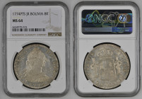 BOLIVIA Carlo III (1759-1788) 8 Reales 1774 PTS-JR, zecca Potosì Ag Gr.26,80. CAL 1170; JANSON-63.2. NGC MS64 (n.6634979-015).